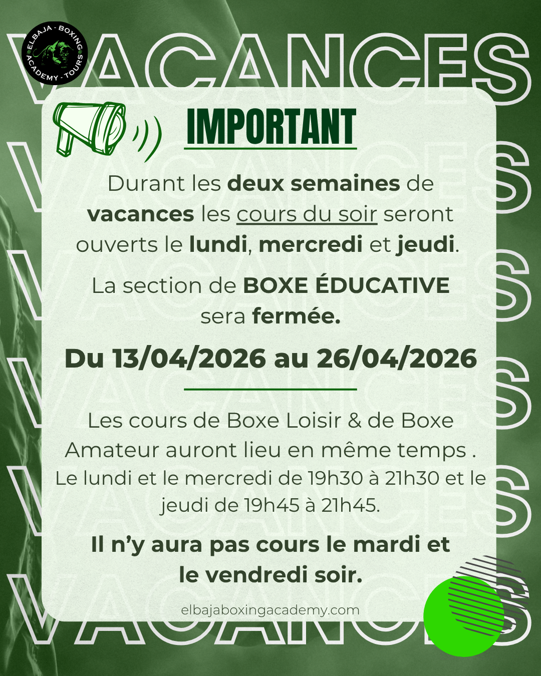 Horaires Vacances de Printemps